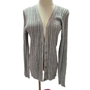 ANNE KLEIN Women's L Metallic Silver Gray Cardigan Sweater Sparkle Knit V Neck L